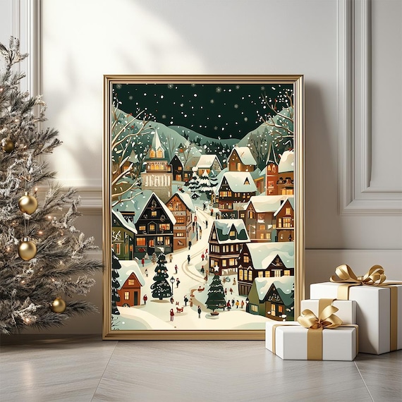 Snowy Christmas Village at Night Festive Holiday Town Poster