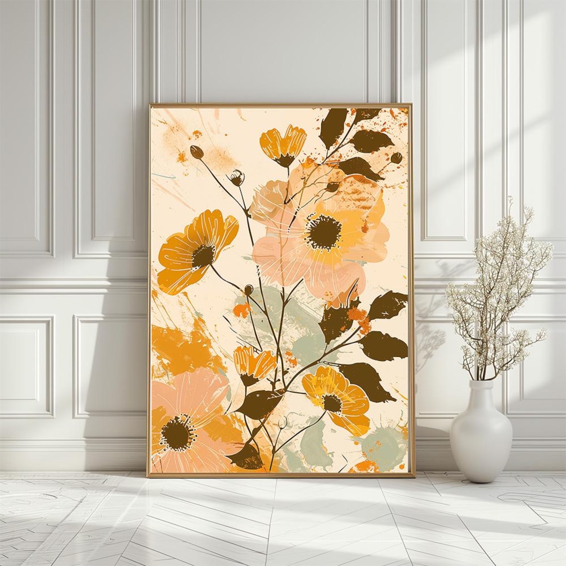 Gold and Pink Abstract Floral Watercolor Poster With Wildflowers