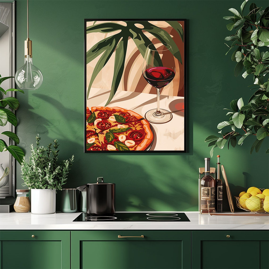 Pizza and Red Wine Poster With Modern Italian Kitchen Art Style - Image 2
