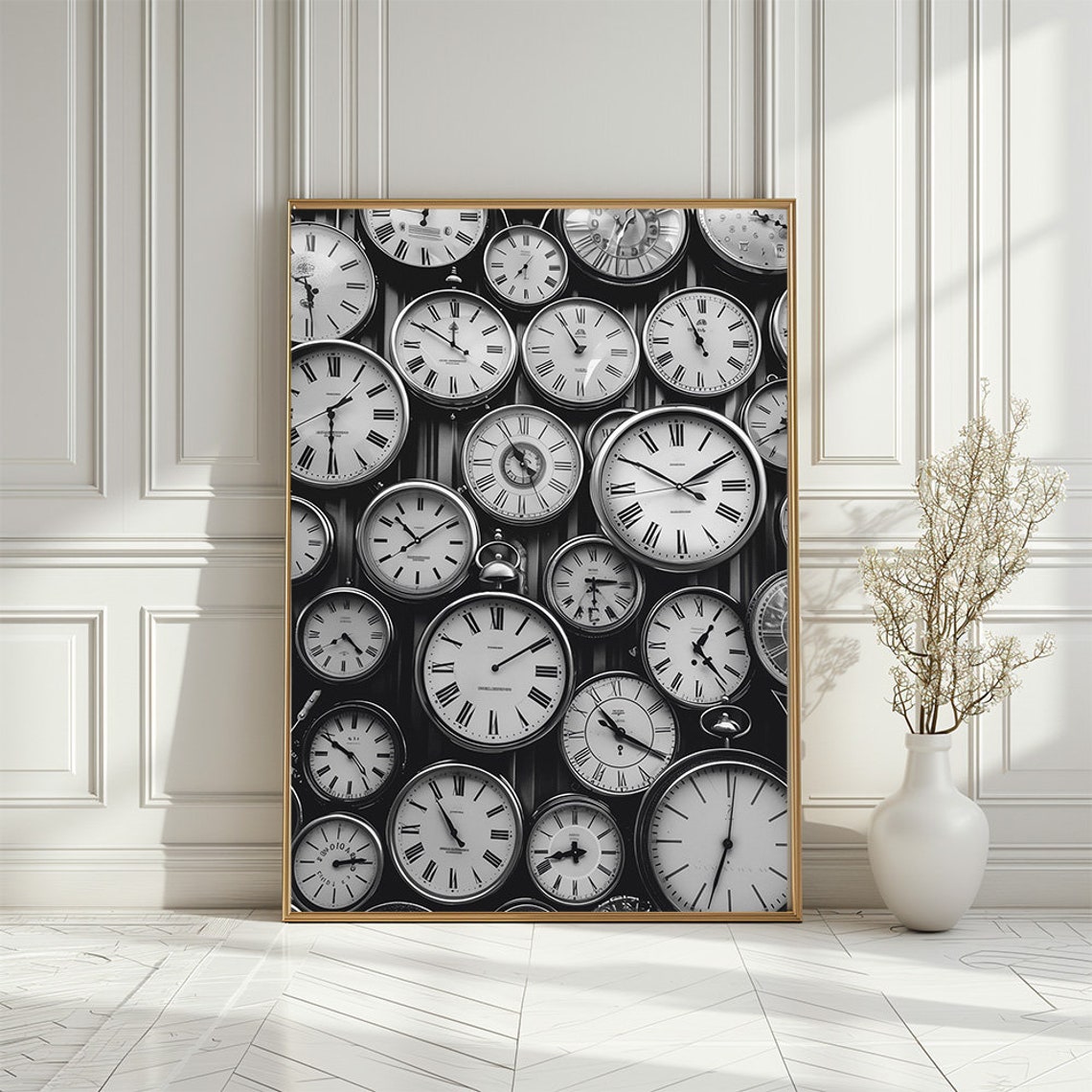 Vintage Black and White Wall of Clocks Retro Timepiece Poster