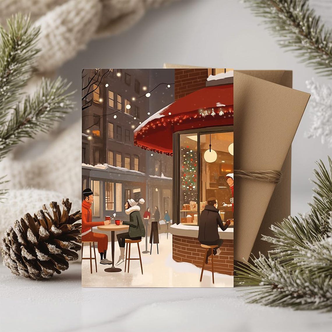 Cozy Snowy Street Cafe At Dusk Couples With Coffee Winter Poster - Image 2