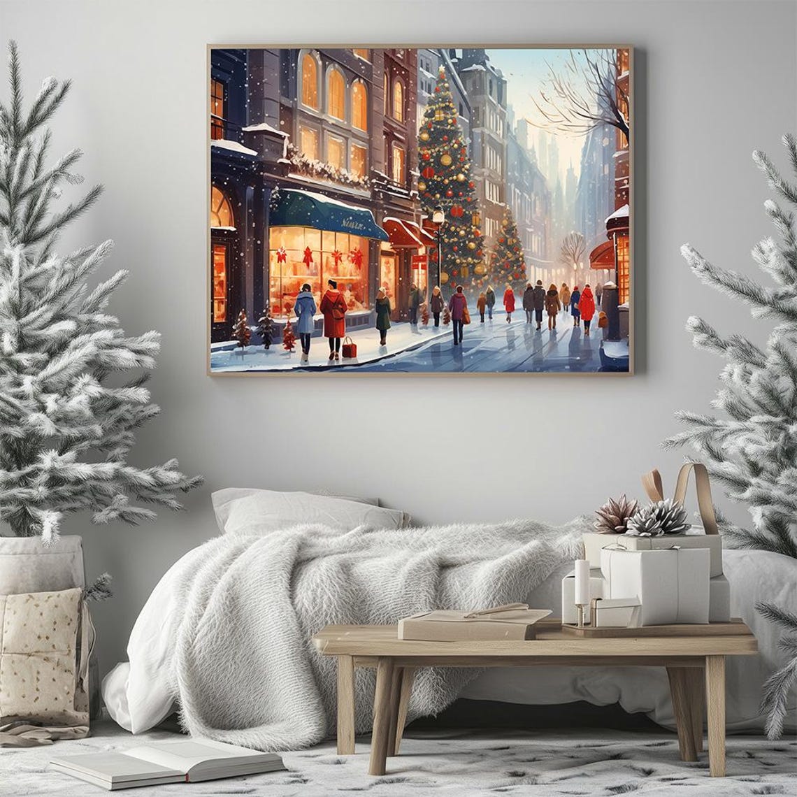 Christmas City Street Scene Poster Snowy Winter Shopping Art Print Festive European Town Holiday Decorations - Image 2