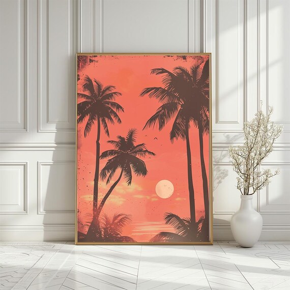 Sunset Palm Tree Silhouettes Poster With Tropical Ocean View