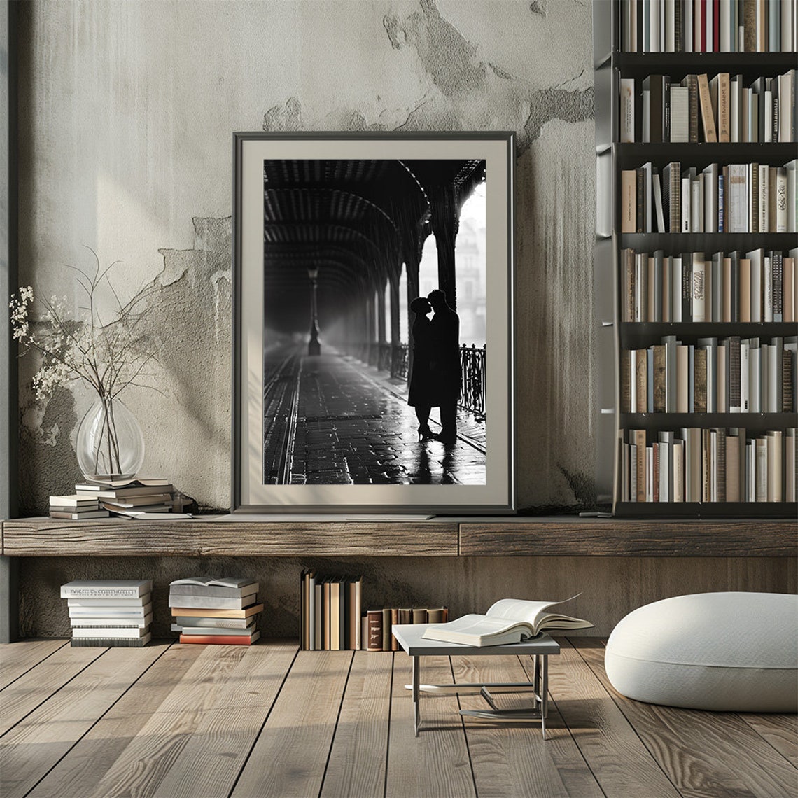 Romantic Black and White Paris Couple Kiss Poster Under Arches - Image 3