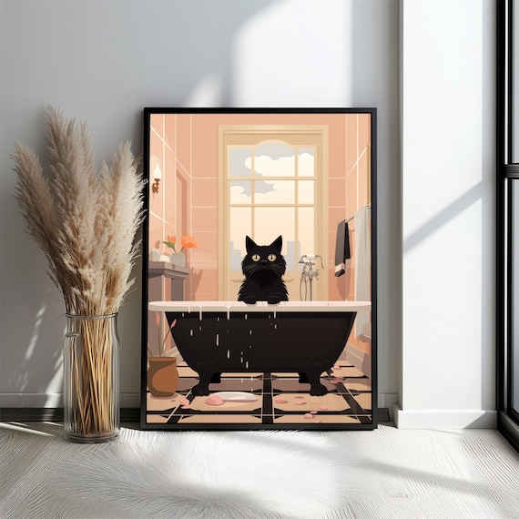 Funny Black Cat Overflowing Bathtub Bathroom Humor Wall Poster