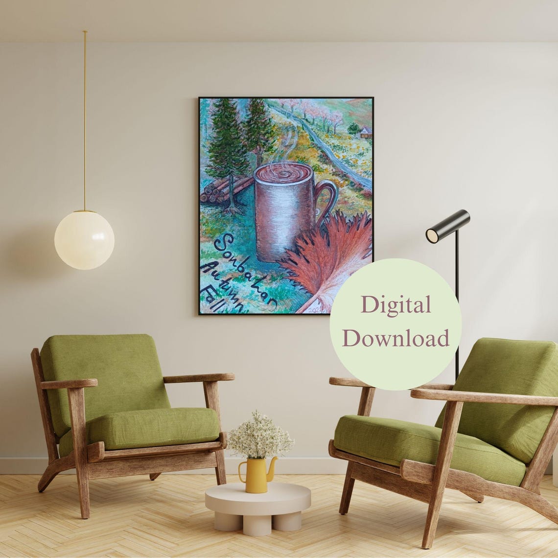 Steaming Coffee Cup Autumn Fall Landscape Colorful Art Poster