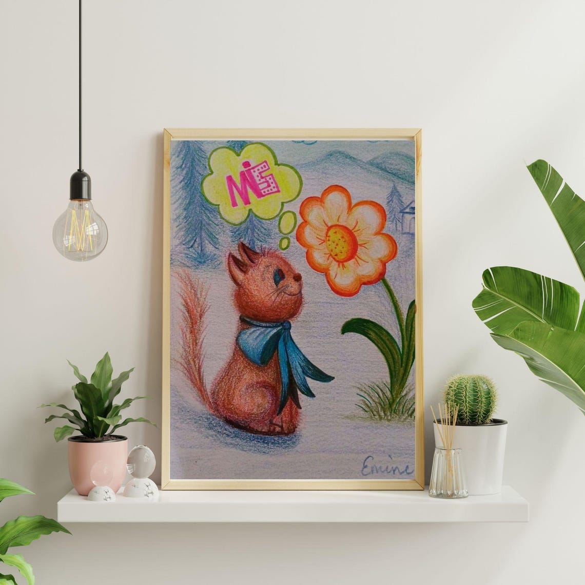 Cute Orange Kitten With Blue Scarf Flower Colored Pencil Poster - Image 3