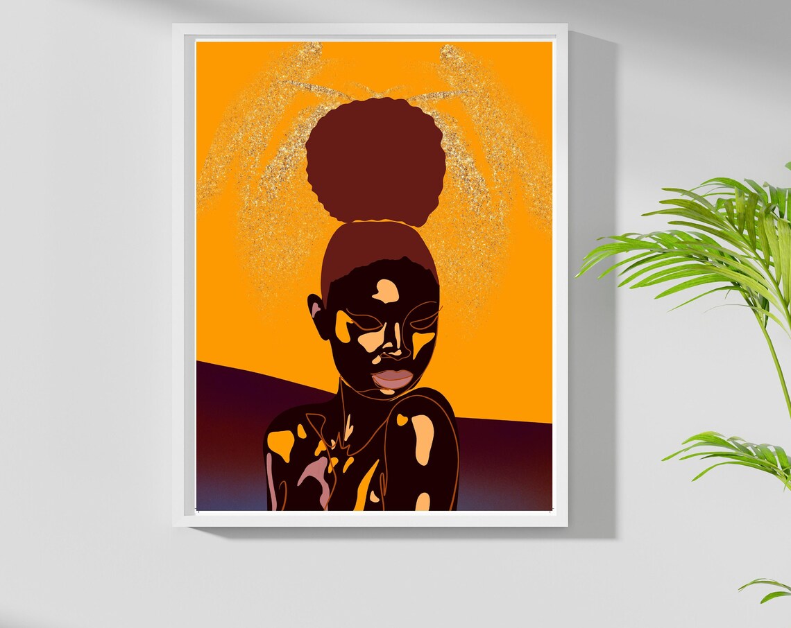 Bold Afro Woman Golden Sunset Orange Glitter Modern Art Poster