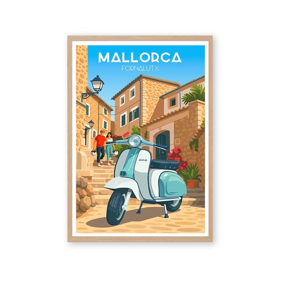 Mallorca Fornalutx Vintage Scooter Stone Village Travel Poster
