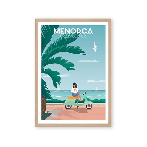Menorca Cala Blanca Beach Scooter Vintage Summer Travel Poster