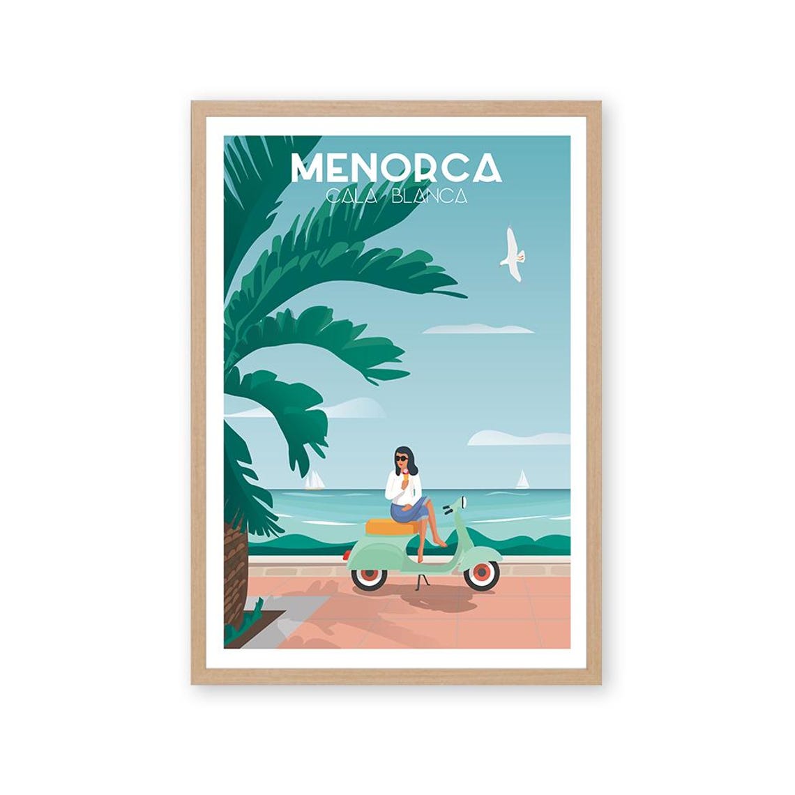 Menorca Cala Blanca Beach Scooter Vintage Summer Travel Poster