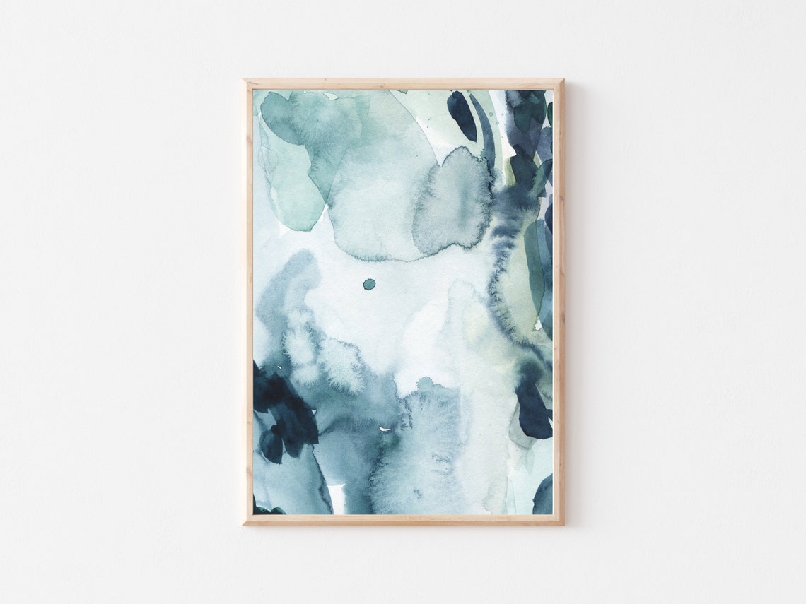 Abstract Blue Watercolor Art Teal Indigo Ink Wash Blooms Wall Art