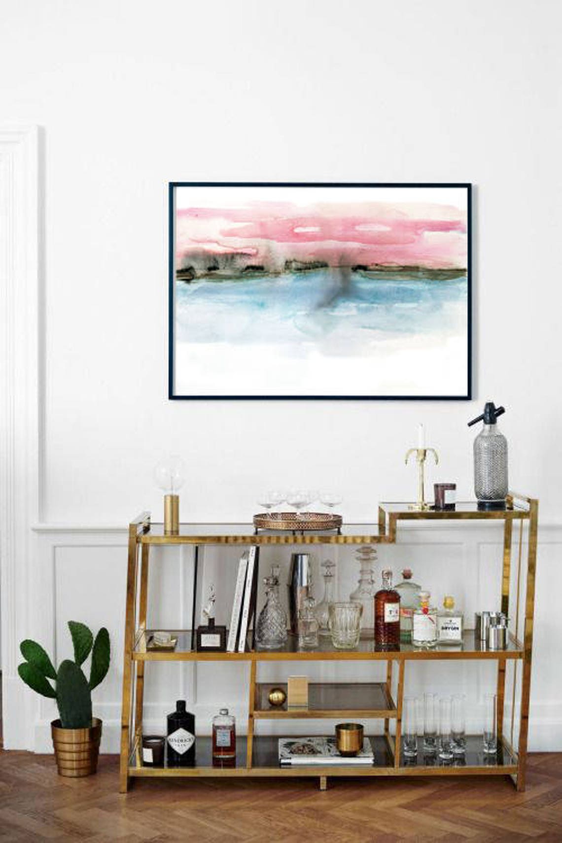 Abstract Pink And Blue Watercolor Horizon Minimalist Wall Art - Image 3