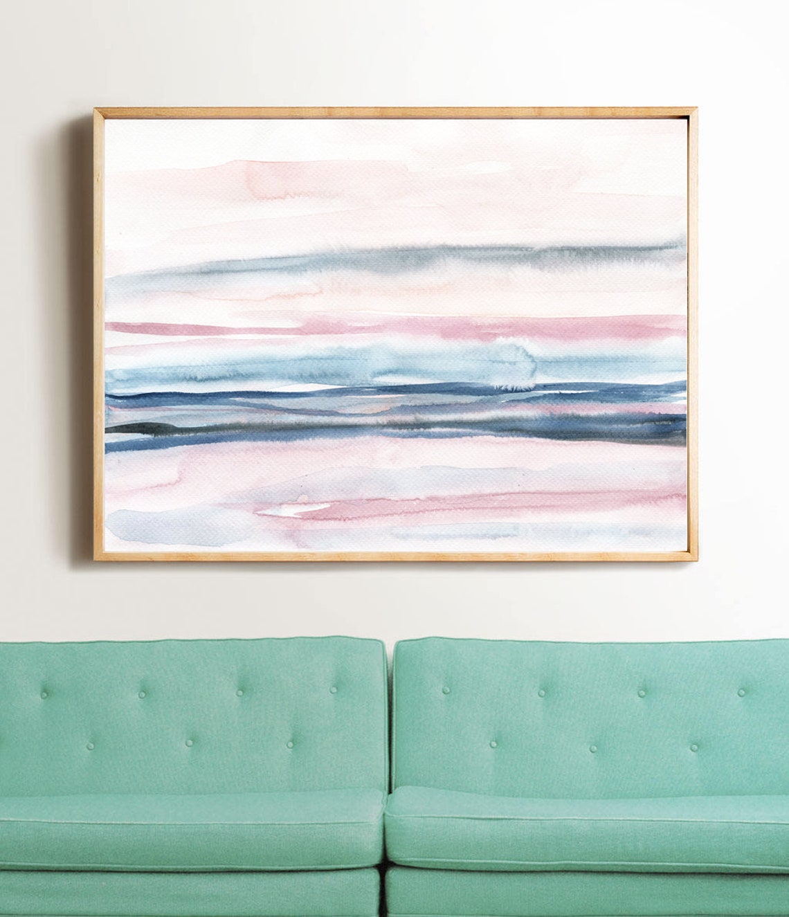 Pink Blue Pastel Striped Watercolor Seascape Horizon Calm Art Print - Image 2