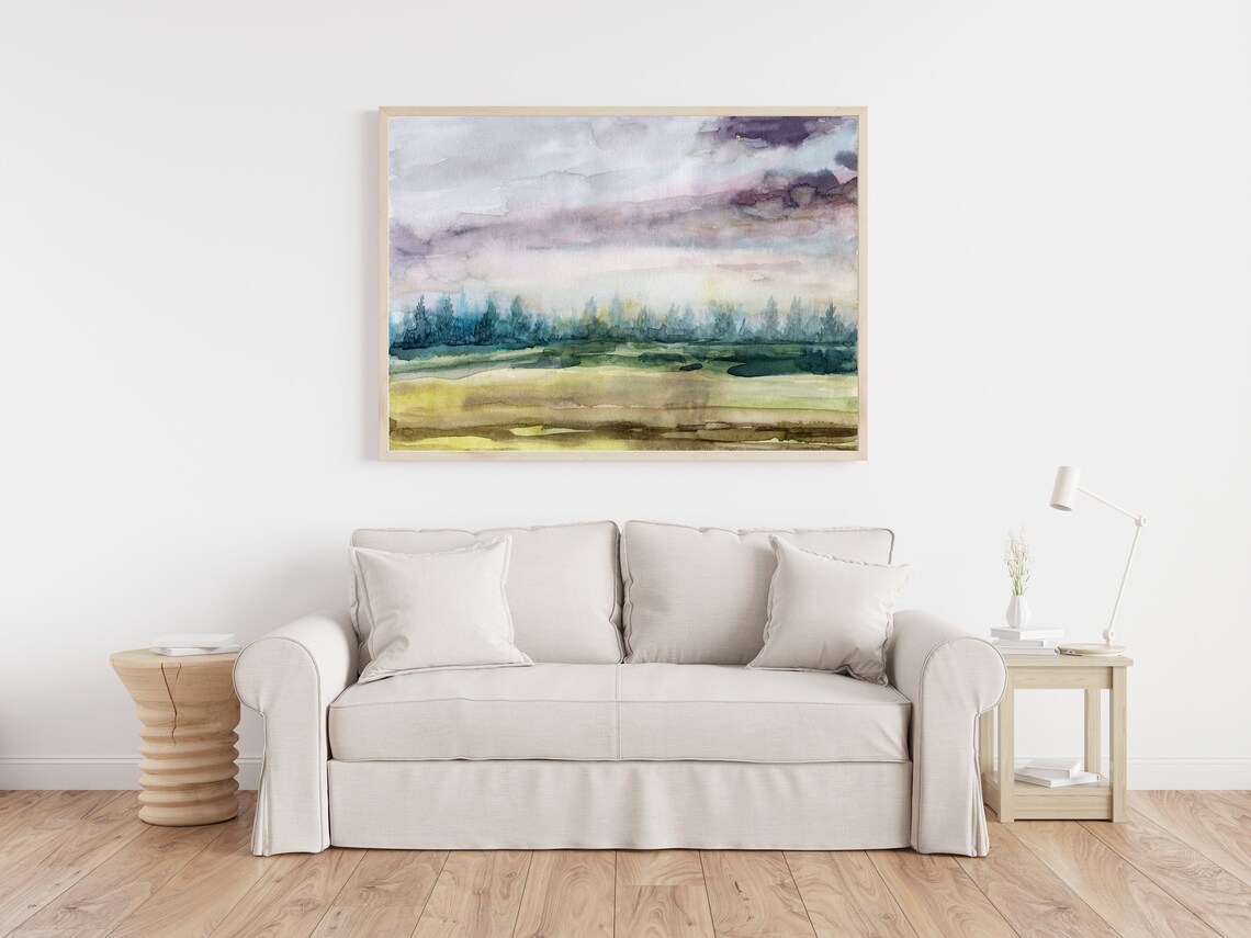 Dreamy Watercolor Meadow Lavender Sky Teal Treeline Field Print - Image 3