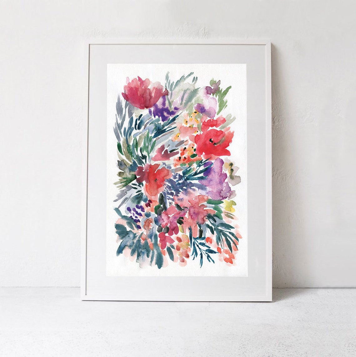 Watercolor Floral Bouquet Poster Pink Purple Red Flowers Botanical Art