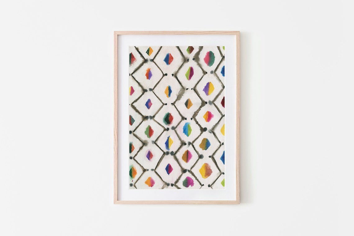 Colorful Moroccan Diamond Rug Pattern Boho Geometric Wall Art Decor