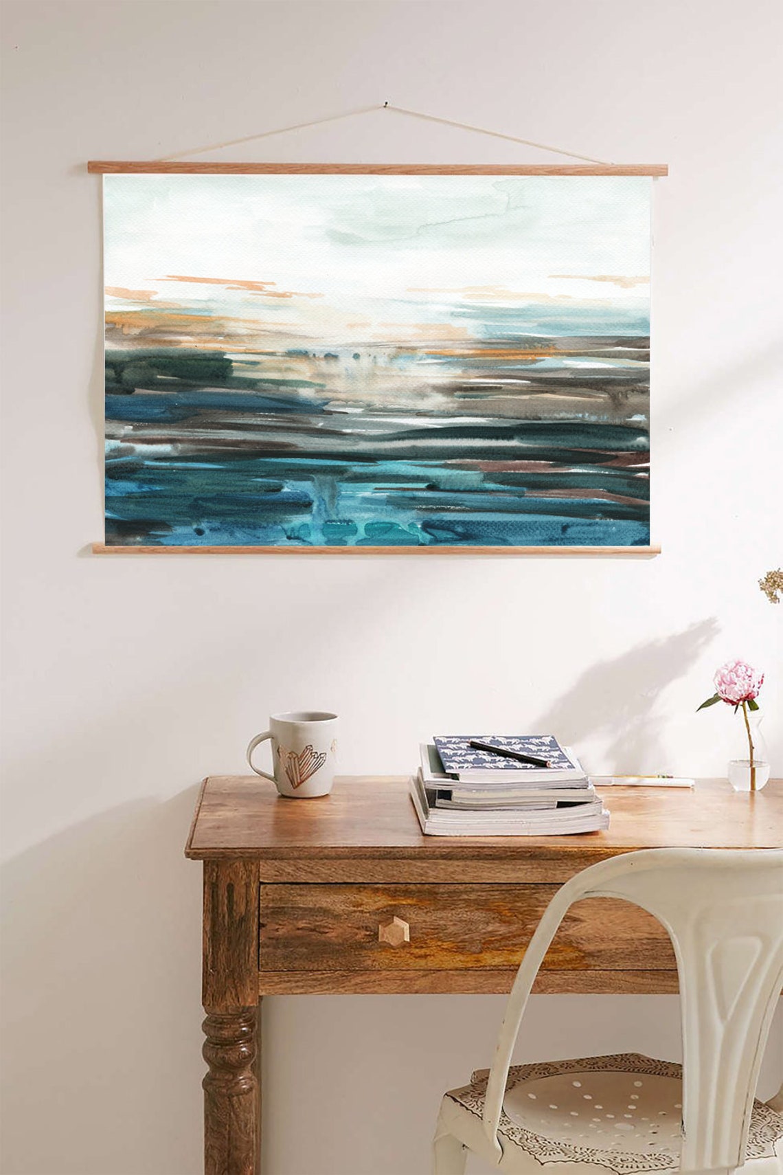 Abstract Coastal Landscape Watercolor Art Teal Sunset Hues Wall Art - Image 2