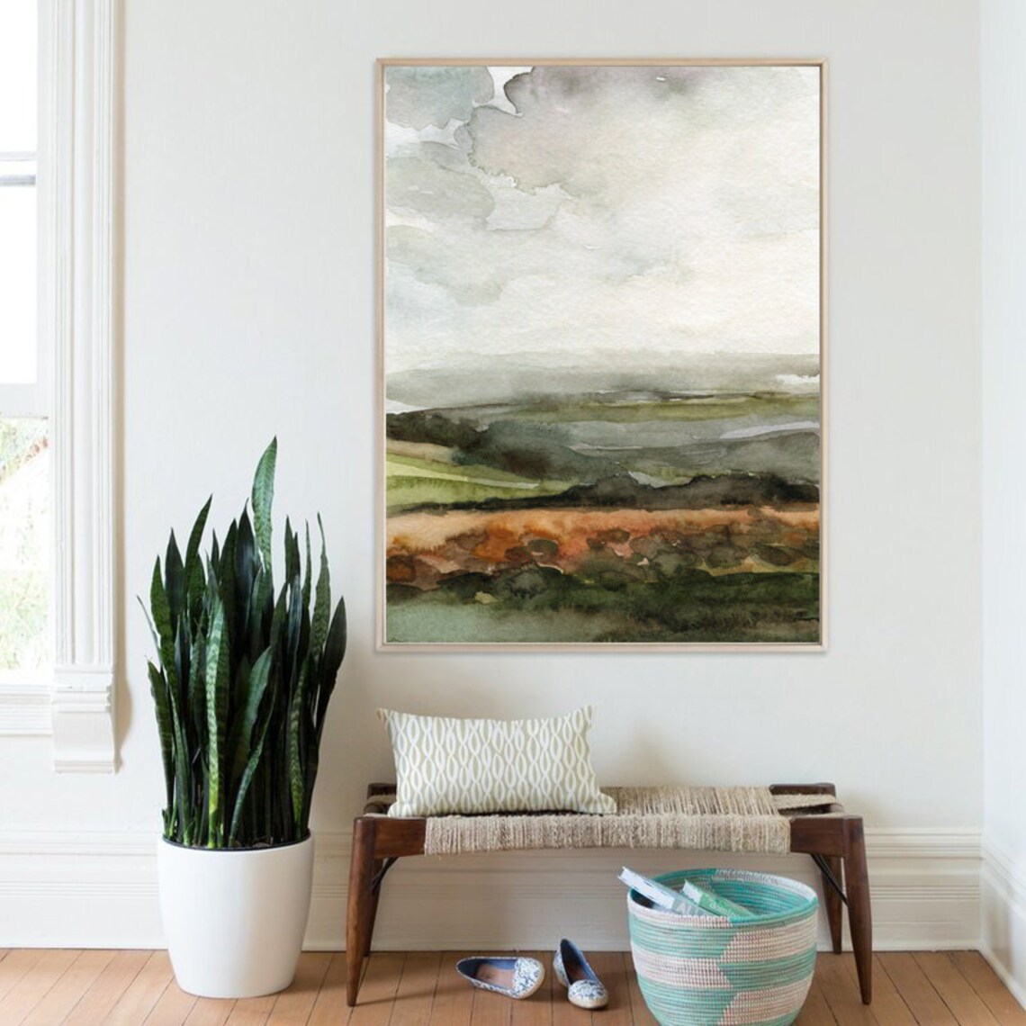 Autumn Landscape Watercolor Poster Rolling Hills Gray Sky Rust Fields Art - Image 2