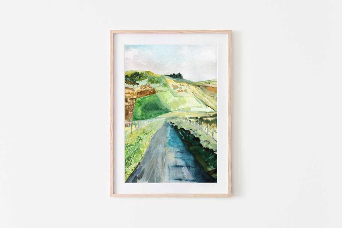 Country Road Watercolor Rolling Green Hills Countryside Poster - Image 3