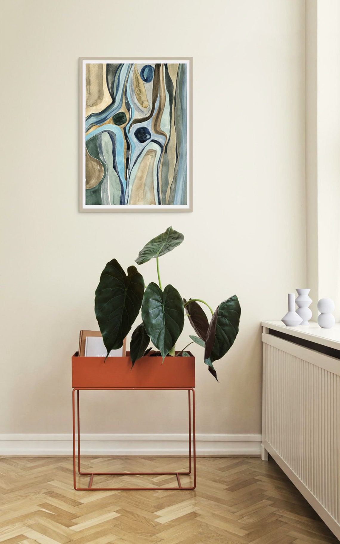Mid Century Abstract Watercolor Poster Blue Brown Wavy Lines Art - Image 3