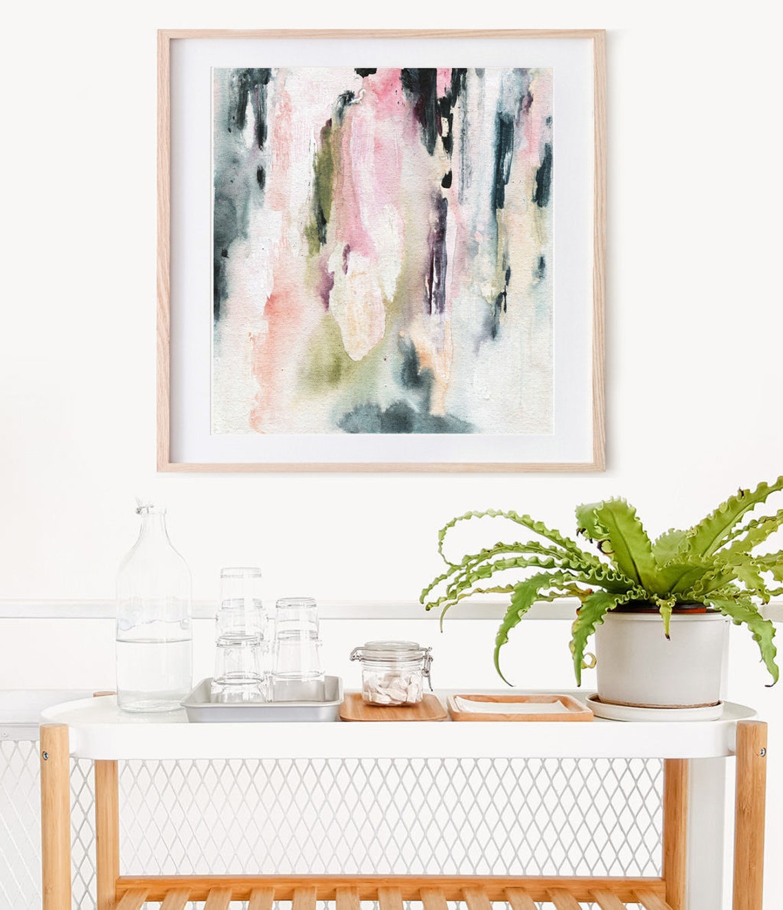 Square Abstract Watercolor Art Pink Teal Drips Dark Contrast Wall Art - Image 3