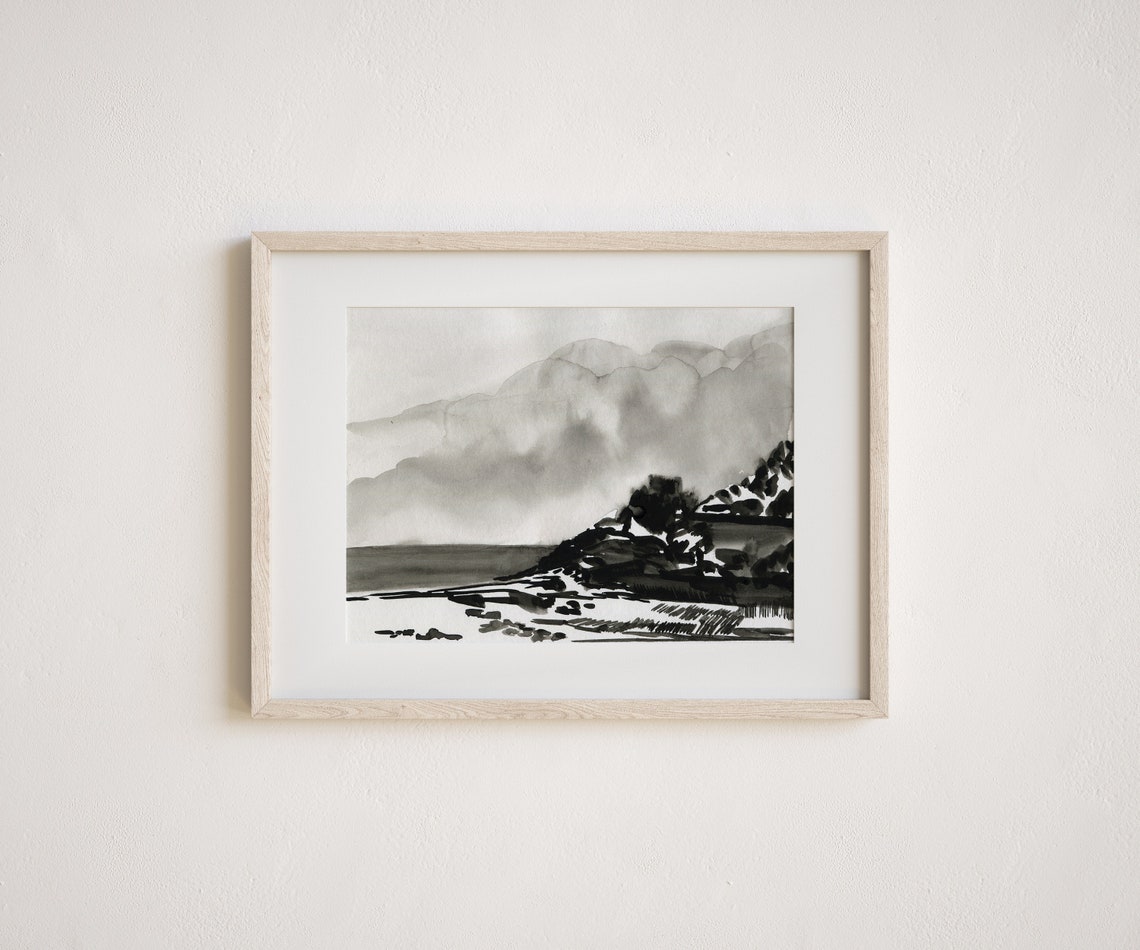 Black And White Ink Wash Coastal Hills Misty Landscape Art Print