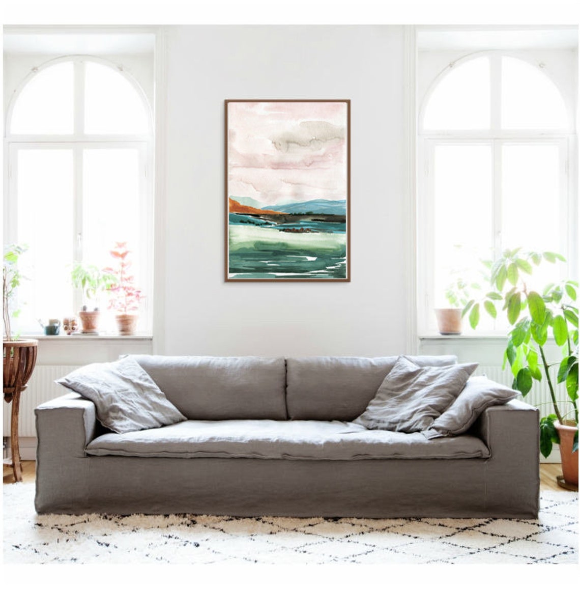 Pastel Landscape Poster Pink Sky Teal Sea Orange Hills Watercolor Art - Image 3