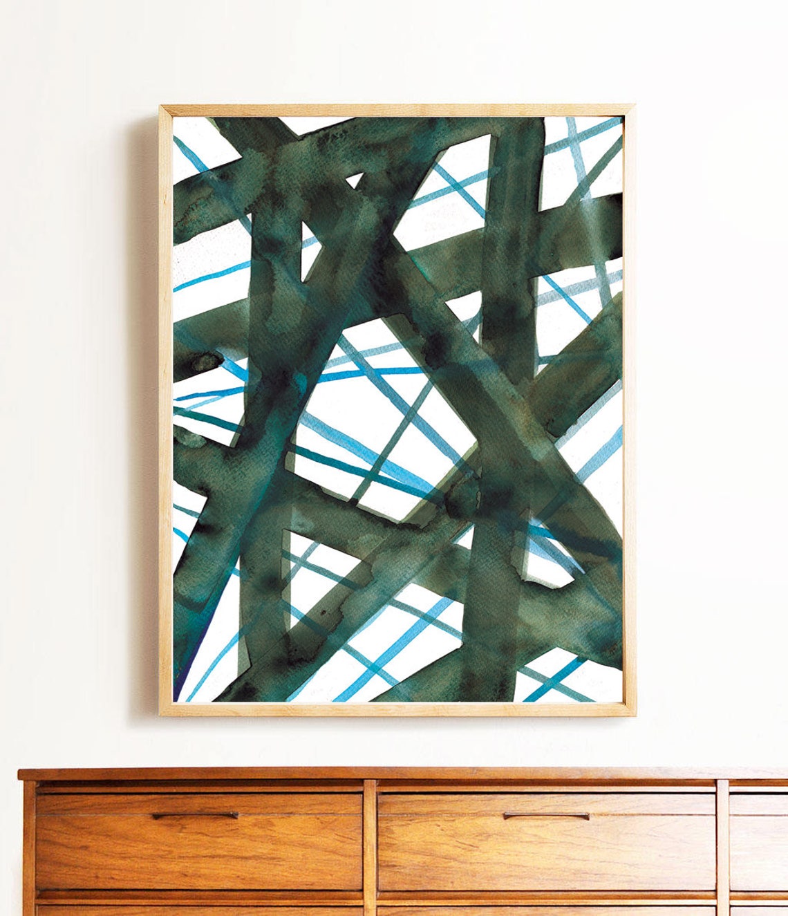 Green Blue Abstract Poster Bold Crossing Lines Modern Geometric Decor - Image 3