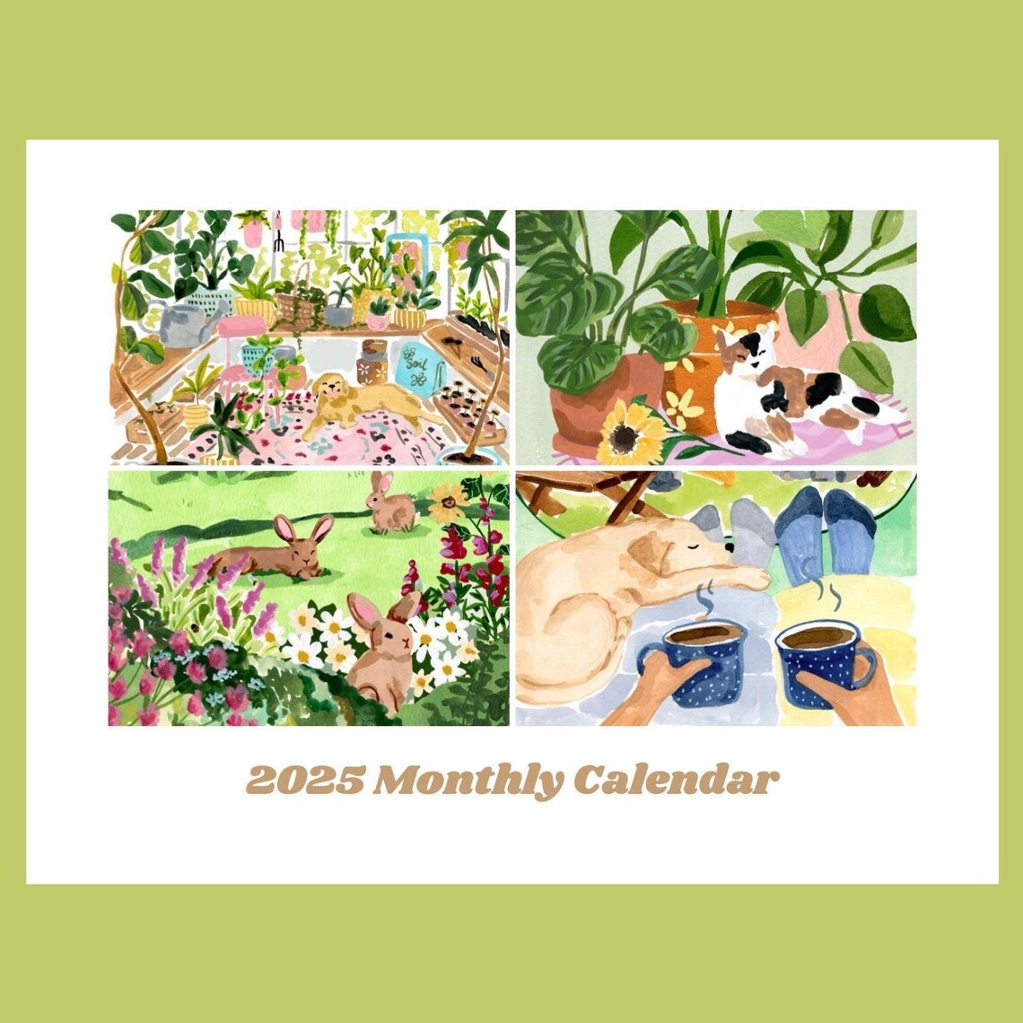 2025 Monthly Calendar Sweet Animals Watercolor Art Print Dog Cat Bunny