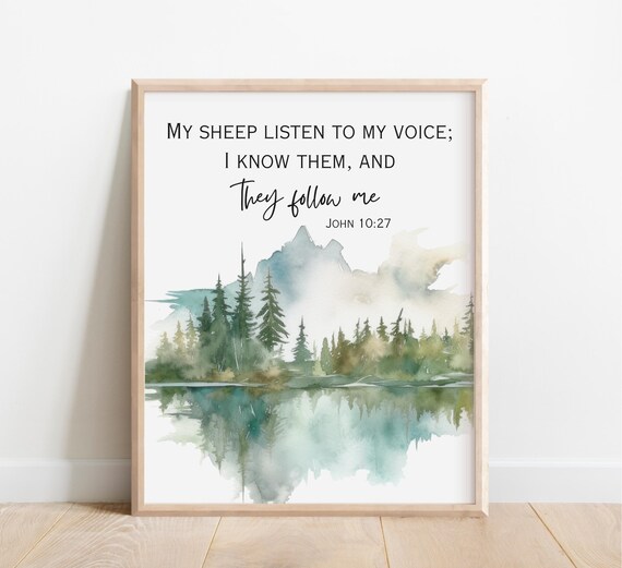 John 1027 My Sheep Listen To Voice Bible Verse Wall Art Christian Gift Scripture Print Watercolor Mountains Wilderness Landscape