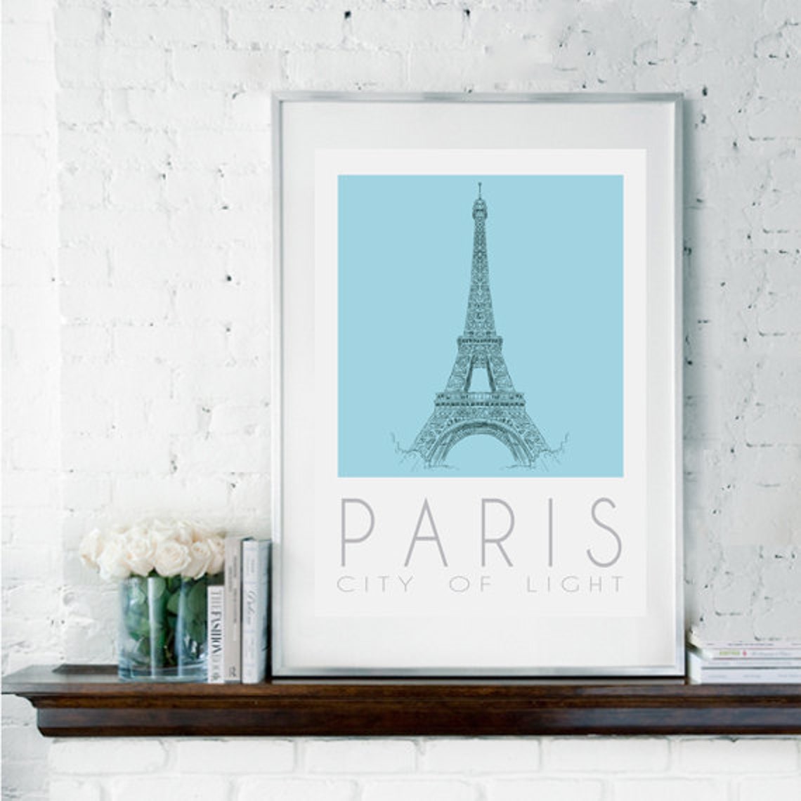 Paris City of Light Eiffel Tower Watercolor Sky Blue Art Poster