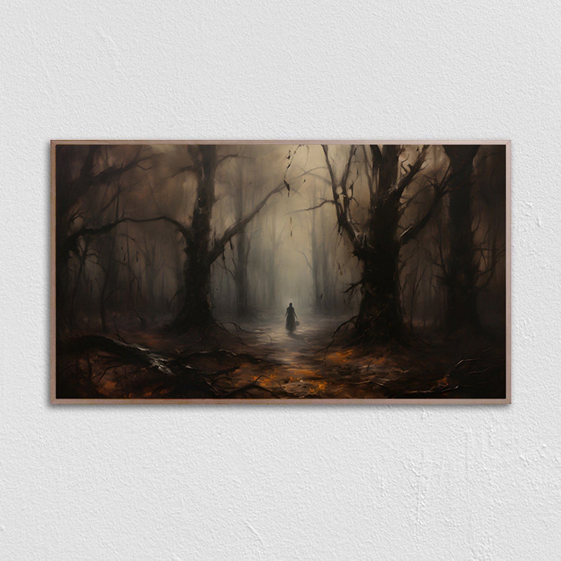 Lone Cloaked Figure Misty Dark Forest Path Gothic Spooky Print