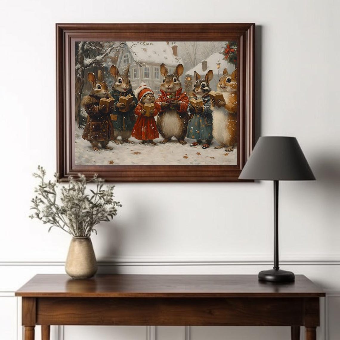 Cute Bunnies Christmas Caroling in Snow with Songbooks Woodland Poster - Image 2