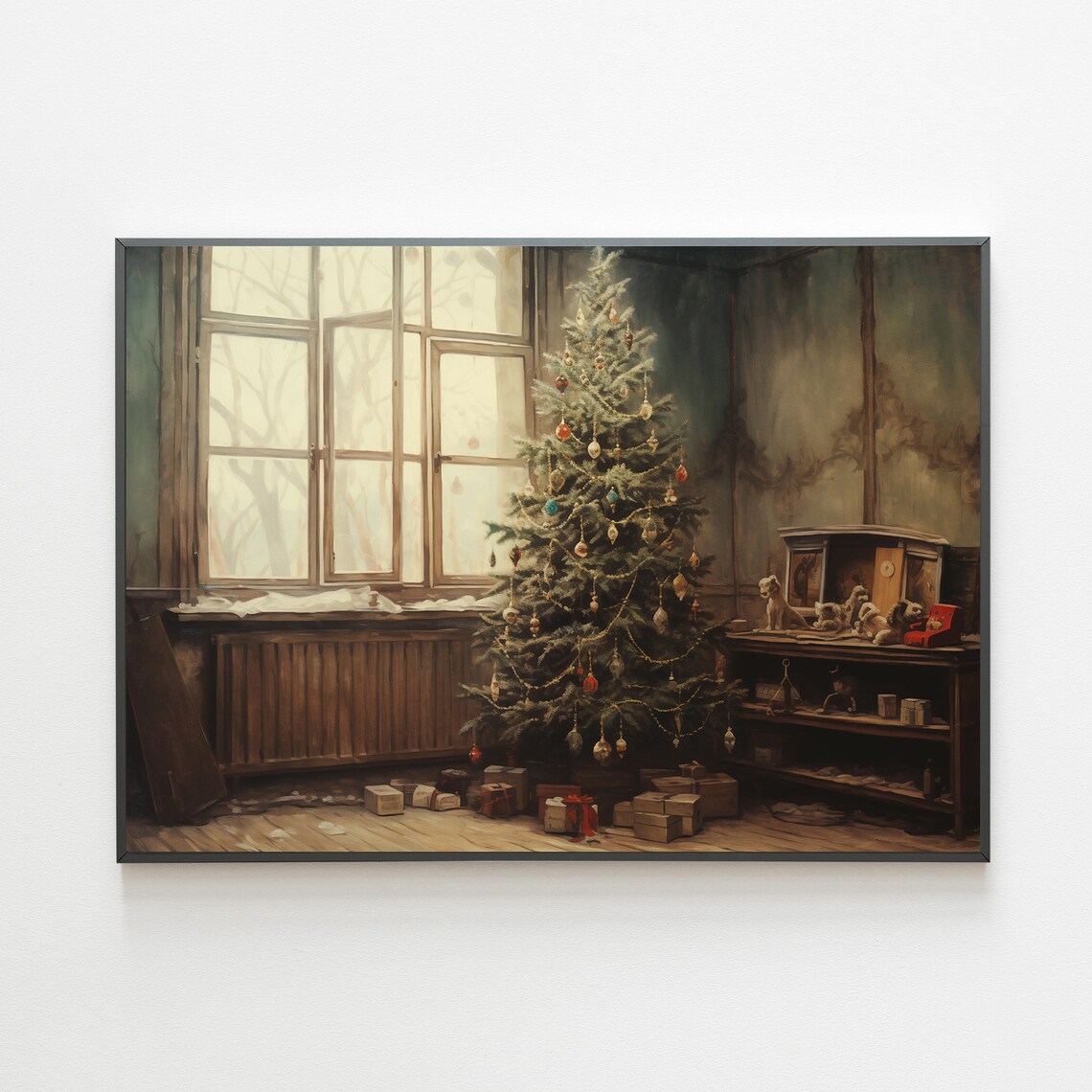 Rustic Christmas Tree In An Old Country Room With Gifts Poster