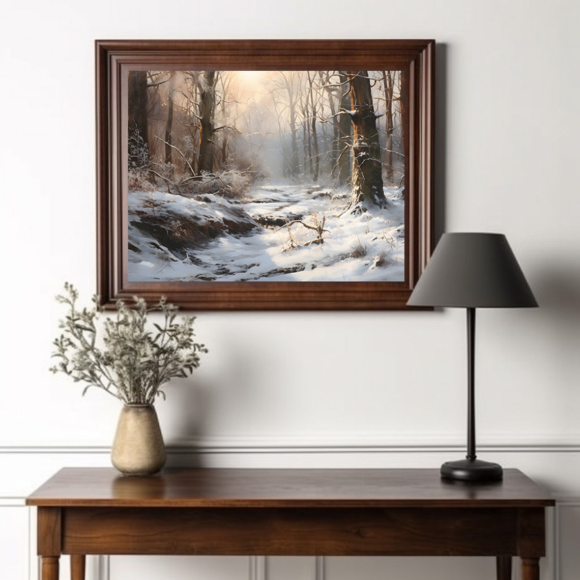 Sunlit Snowy Woodland Path Winding Between Tall Winter Trees Poster - Image 2