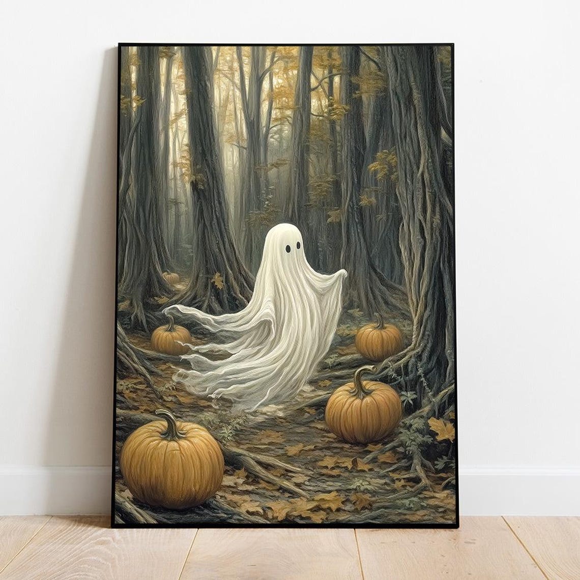Funny Ghost Halloween Art Cute Ghost Painting Halloween Wall Art Ghost In A Forest Print