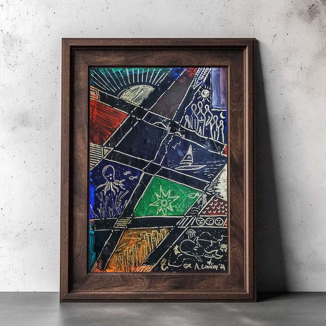 Midnight Nautical Doodle Art Sea Creatures Sailing Panels Poster - Image 2