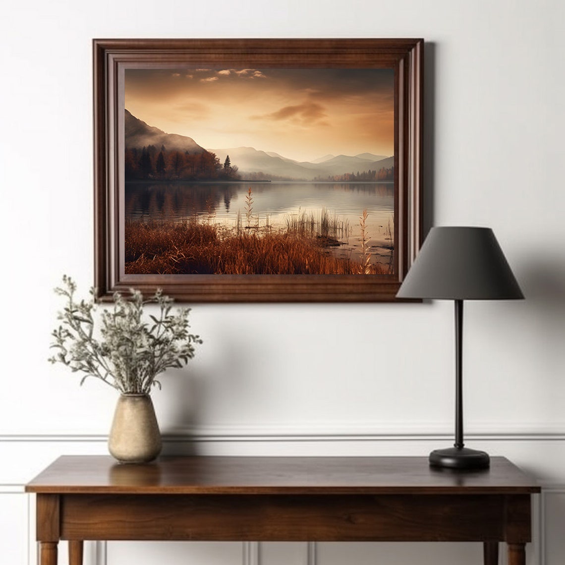 Golden Hour Mountain Lake Mist Amber Grass Sunset Landscape Print - Image 2