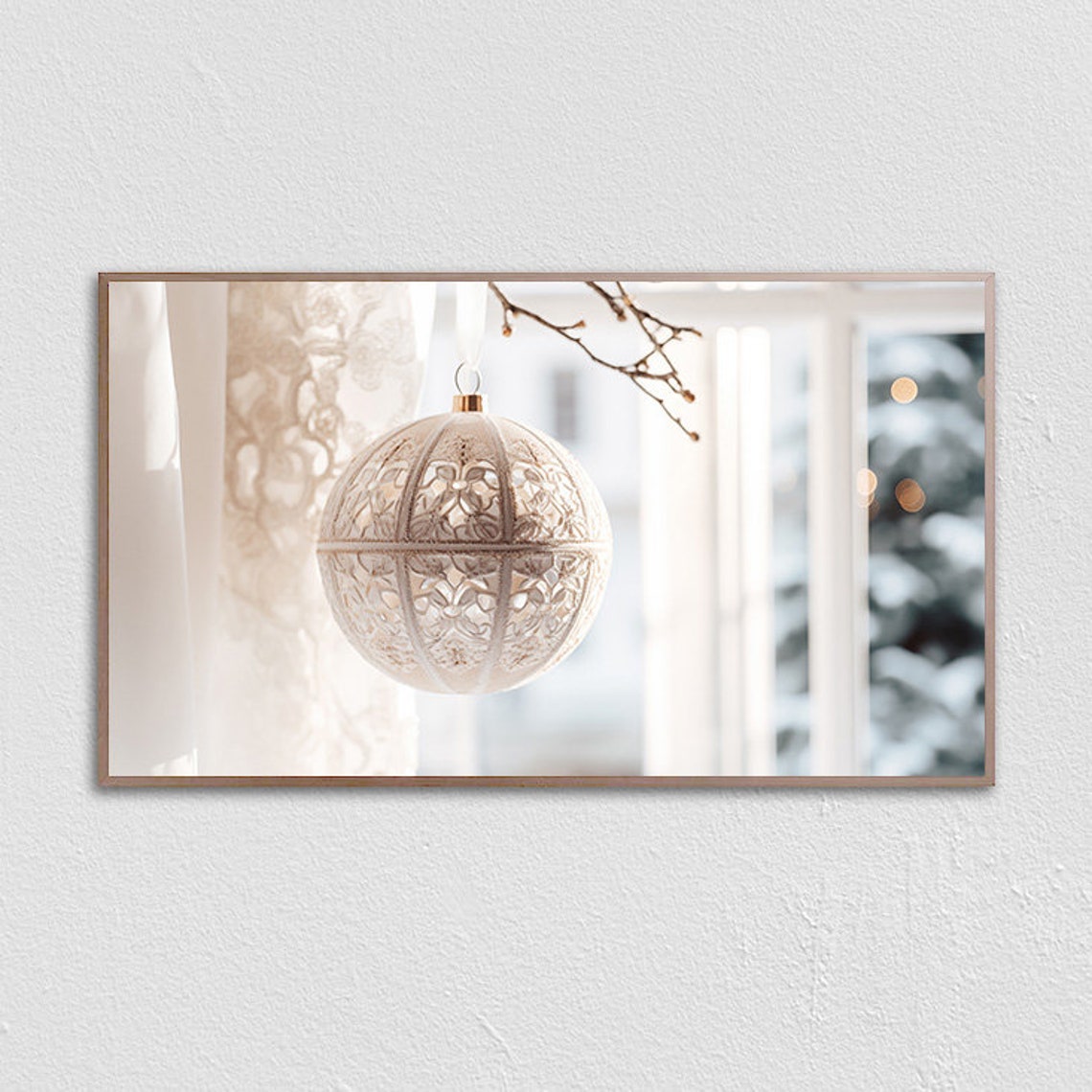 White Lace Christmas Ornament Hanging In Bright Window Poster