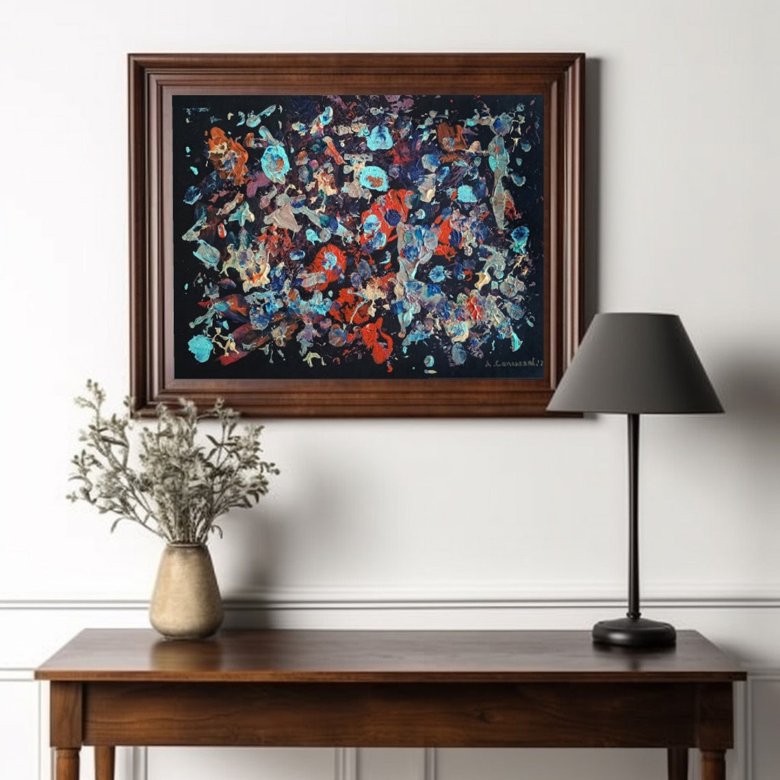 Moody Abstract Turquoise and Red Paint Splashes on Black Canvas Poster - Image 2