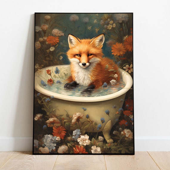 Fox In Tub Animal Print, Bathroom Wall Art