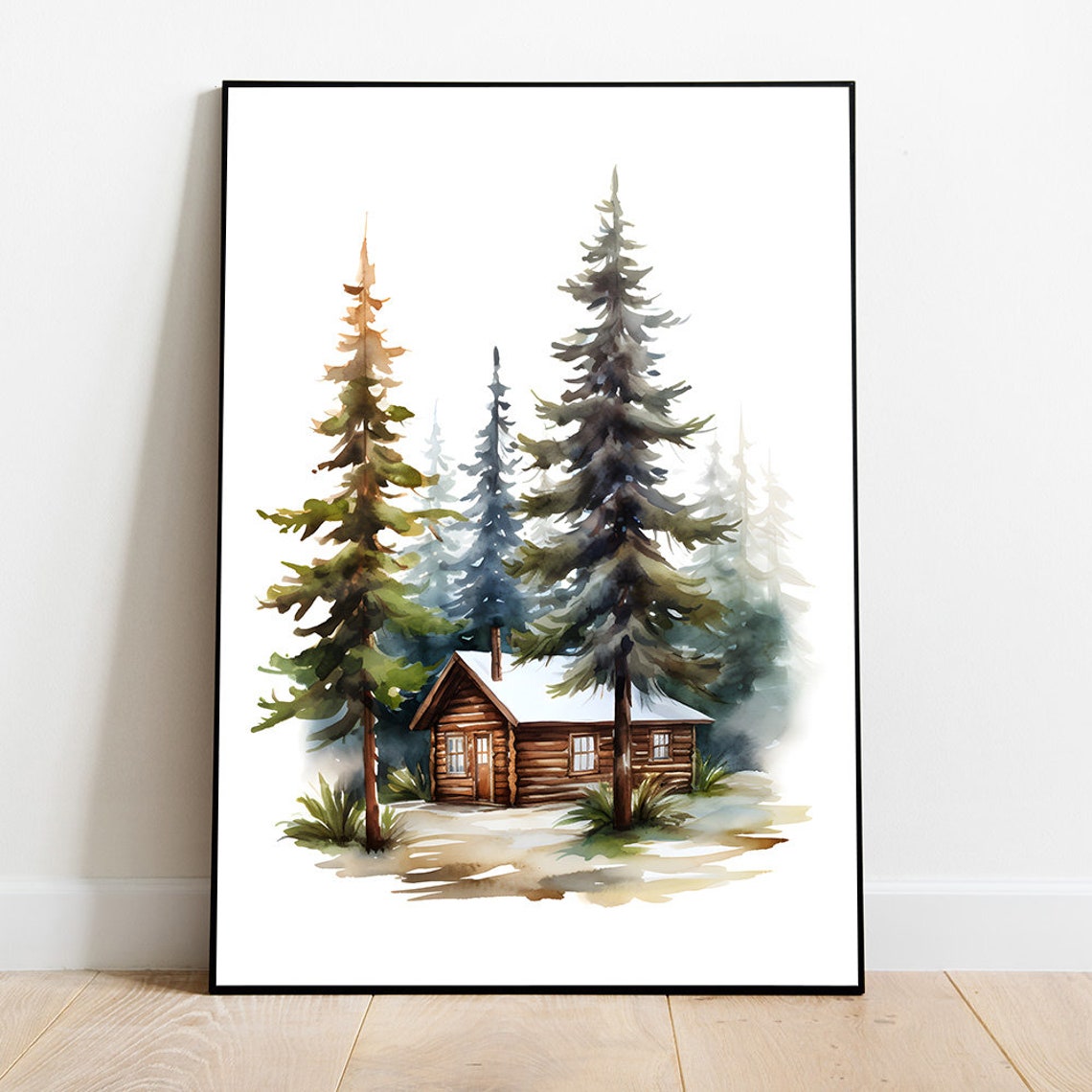 Log Cabin Watercolor Pine Trees Minimalist Winter Art Poster