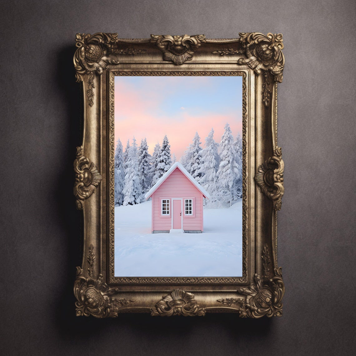 Pink Cabin In A Snowy Forest Under A Pastel Sunset Sky Poster - Image 2