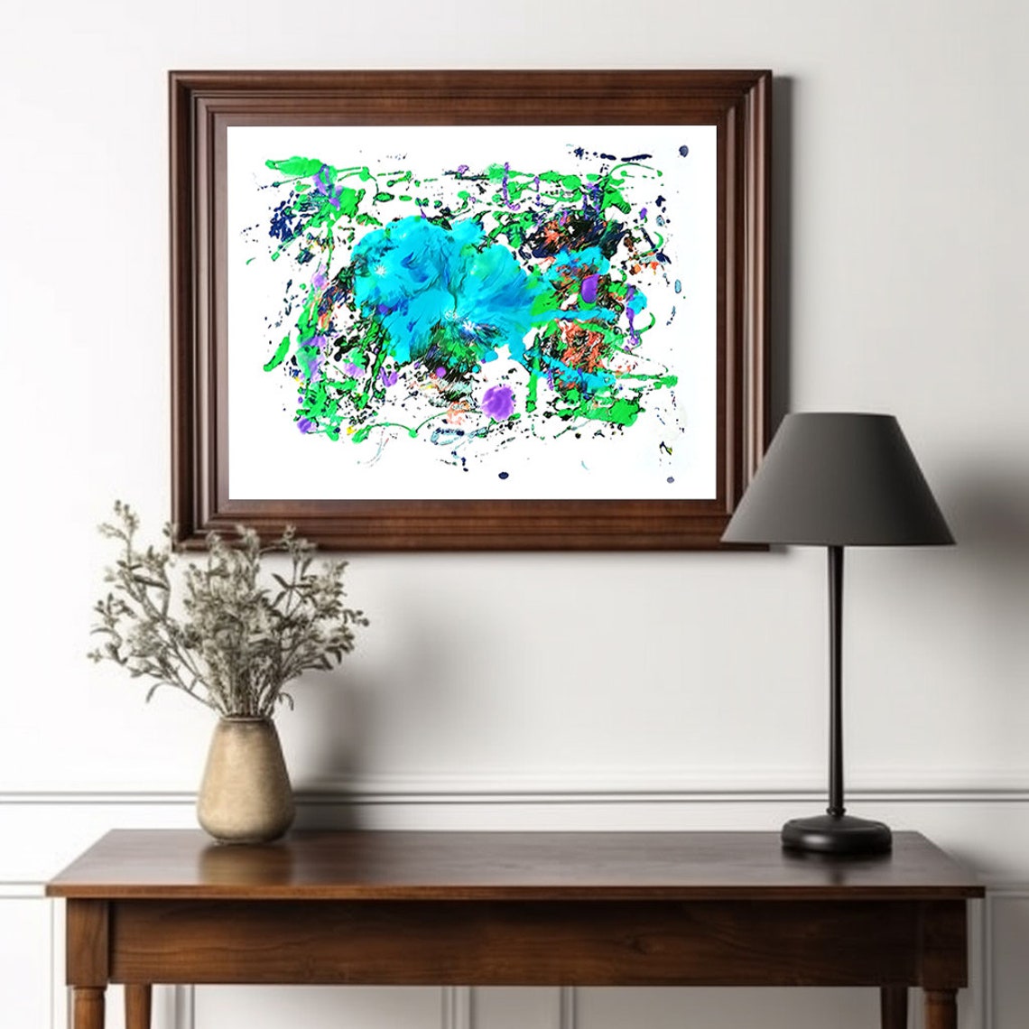 Turquoise Bloom Ink Splatter Abstract Green Purple Art Poster - Image 2