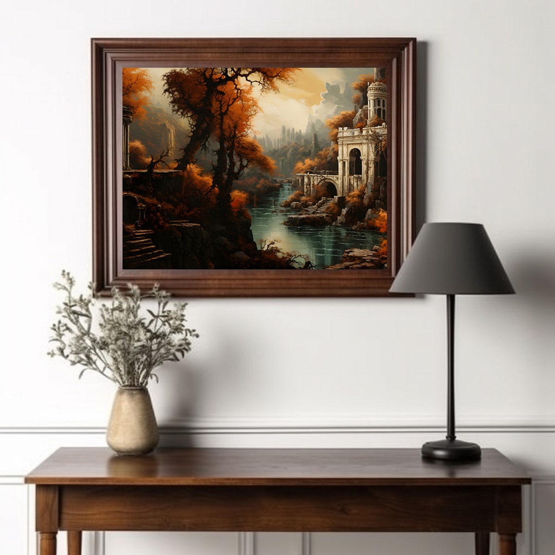 Fantasy Autumn Ruins By River Golden Fall Landscape Art Poster - Image 2