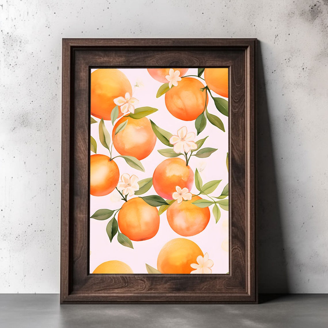 Juicy Orange Pattern Watercolor Blossoms Fruit Kitchen Poster - Image 2