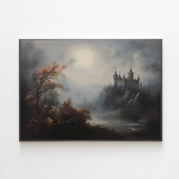 Moody Castle Print Antique Oi Painting Dark Academia Print French Country Decor Moody Landscape