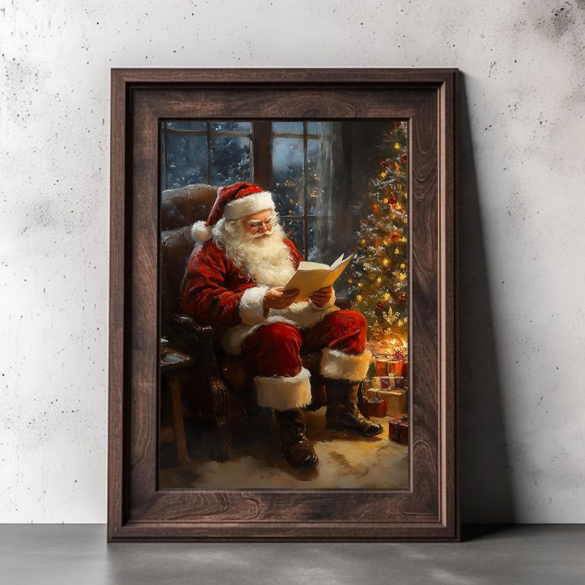 Santa Claus Reading by the Window Beside Christmas Tree Cozy Poster - Image 2