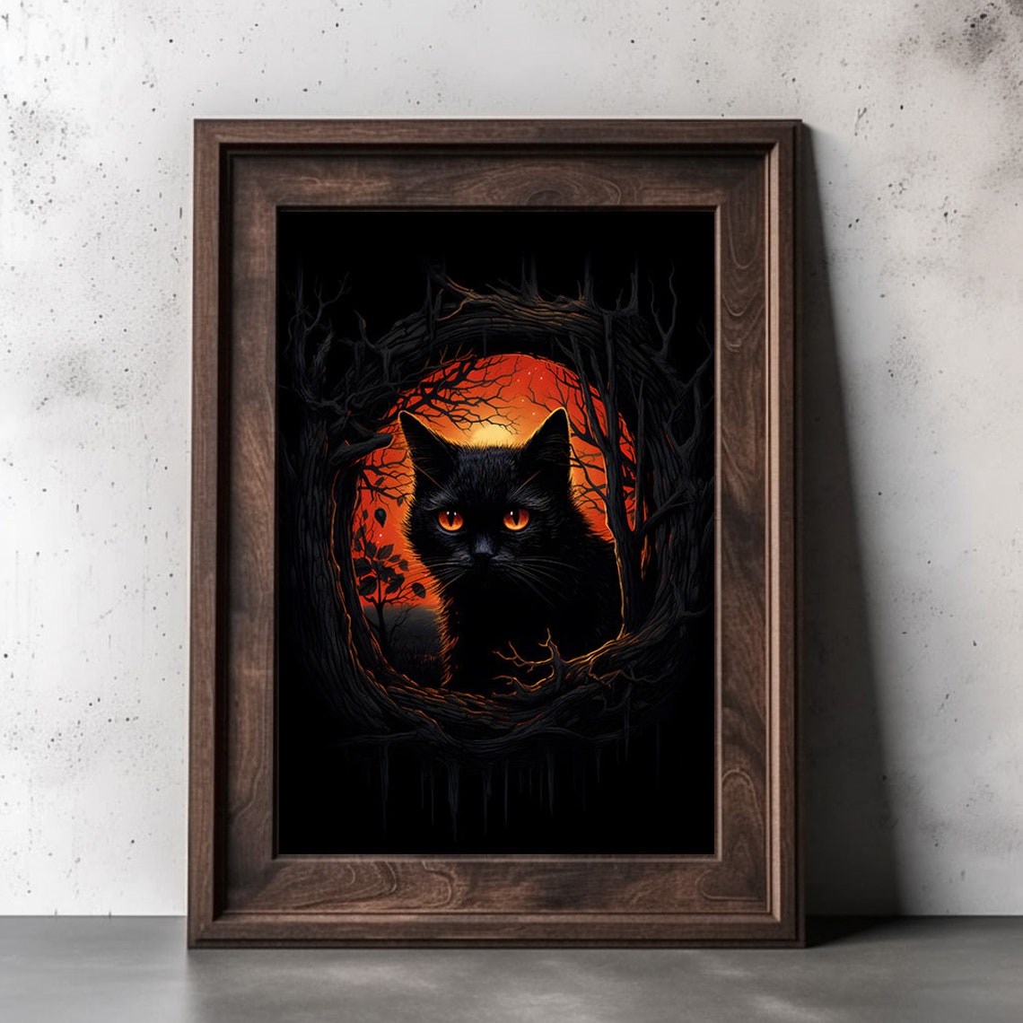Black Cat Orange Eyes Red Moon Gothic Witchy Halloween Poster - Image 2